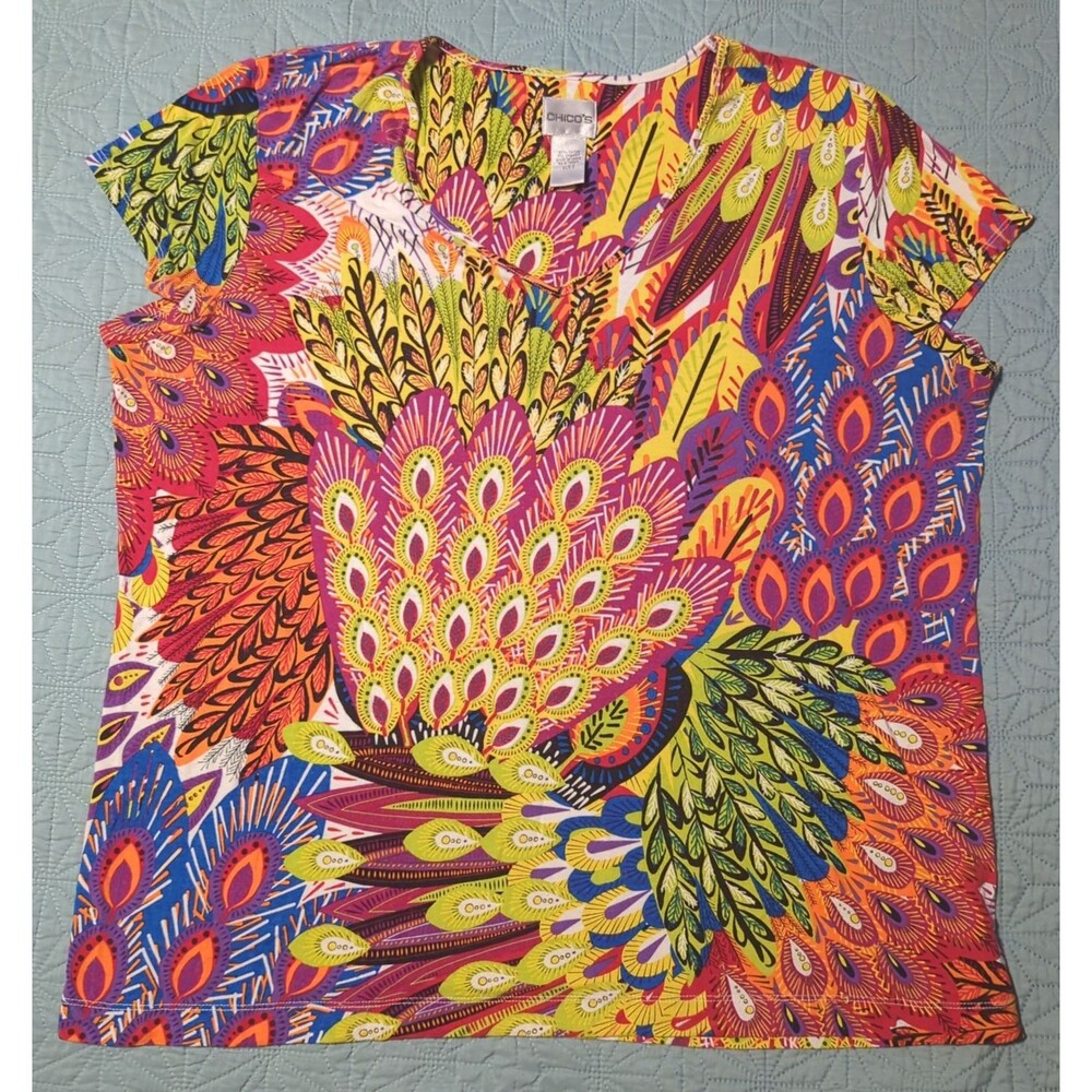 Chico's Short Sleeve Colorful Pullover Top Sz 3 Bright Bold Design Cap Sleeves